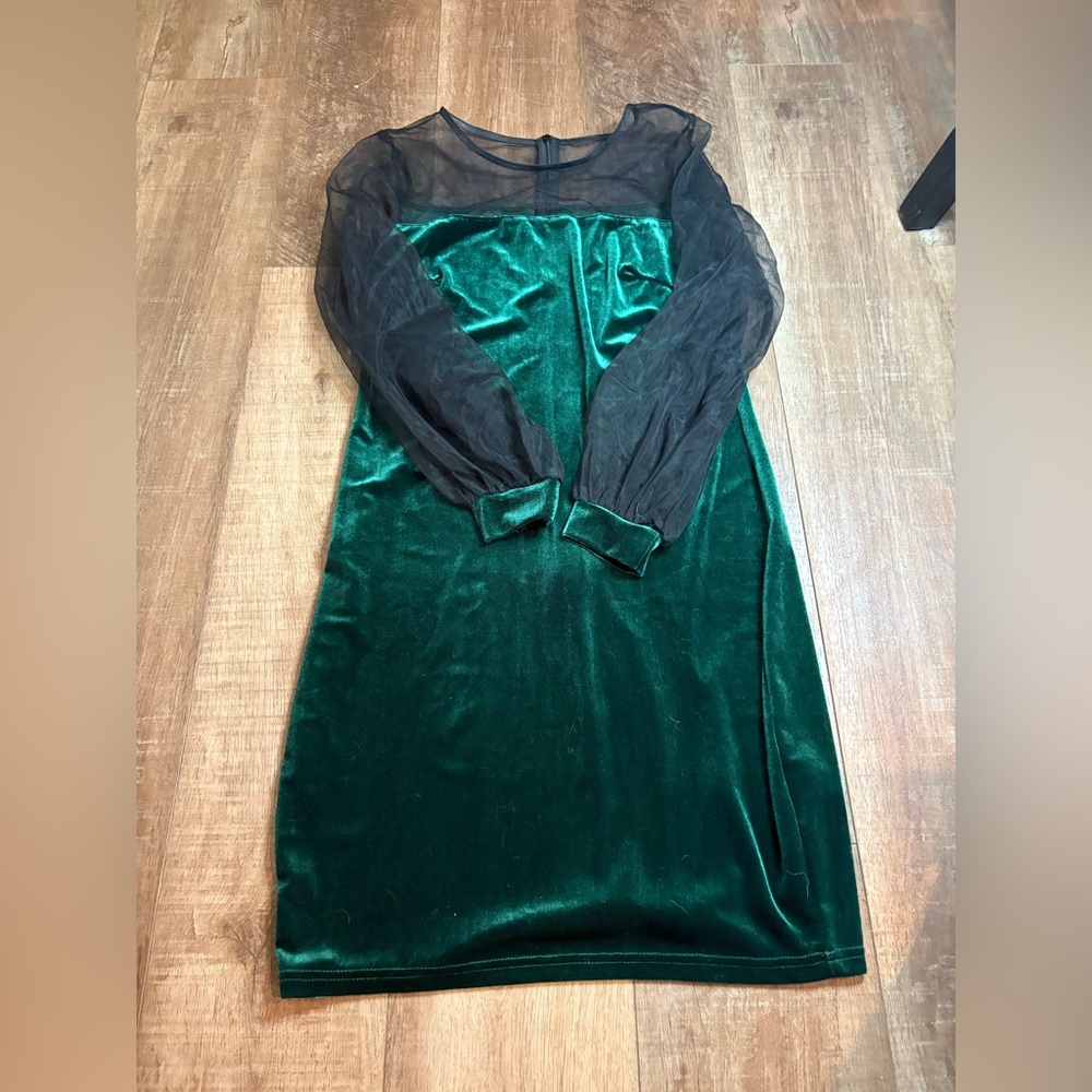 SHEIN Green Velvet Dress with Black Sheer Sleeves